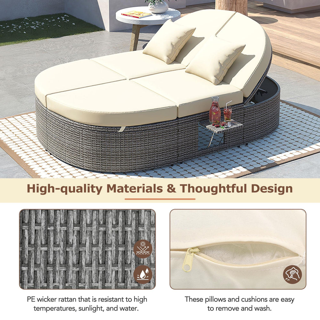 Beige Wicker Double Chaise Lounge with Adjustable Sofa and Foldable Cup Trays M47999
