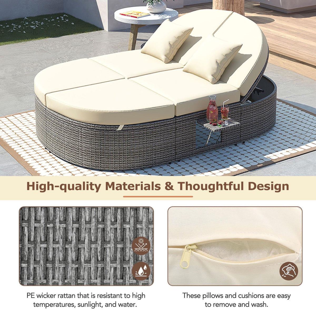 Beige Wicker Double Chaise Lounge with Adjustable Sofa and Foldable Cup Trays M47999