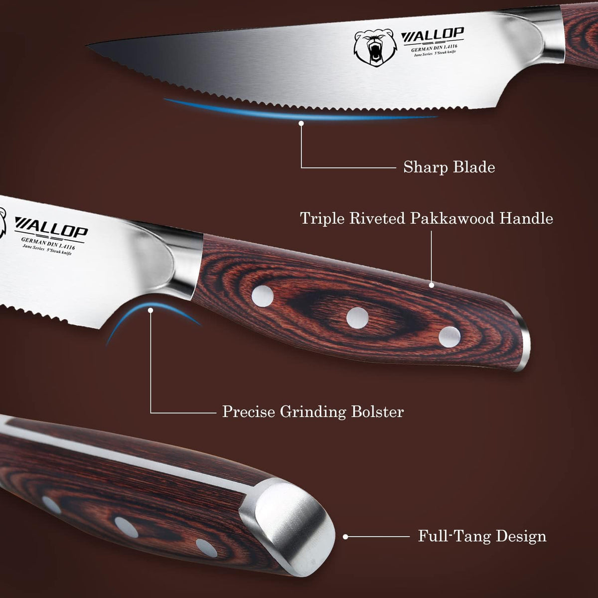 Senior Steak Knife Set of 4, High Carbon German Stainless Steel, Pakkawood Handle, 5 Inch Q422586