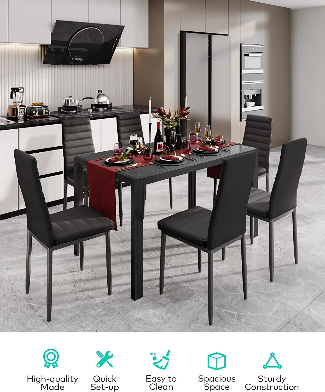 Black PU Leather Dining Table Set with 6 Chairs D115076