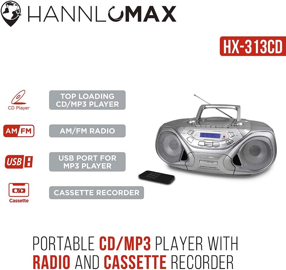 Portable CD/MP3 Player with Cassette Recorder, AM/FM Radio, USB Port, Aux-in, LCD Display (Silver) I1658