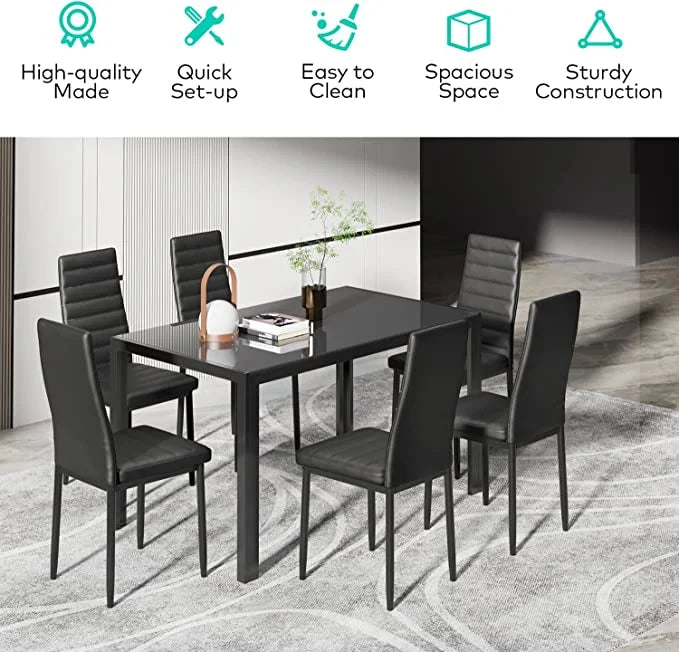 Black PU Leather Dining Table Set with 6 Chairs D115076