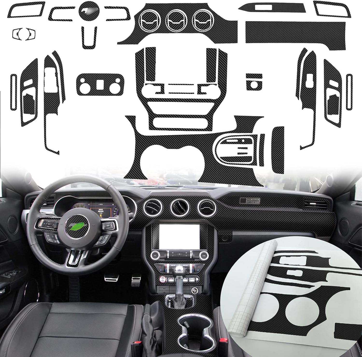 Carbon Fiber Texture Vinyl Wrap Center Console Dashboard Cover for Mustang 48PCS Black Z2791