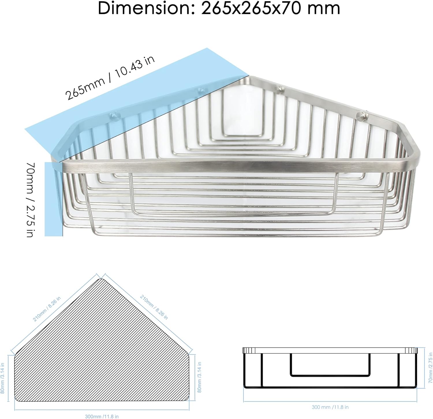 Brushed Nickel SUS304 Stainless Steel Corner Shower Caddy Basket L503