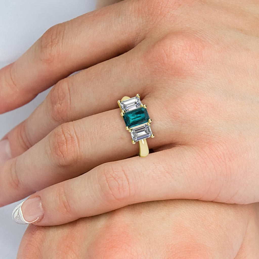 Emerald Cut 6x4 mm London Blue Topaz & Lab Grown Diamond 1 1/3 ctw 3 Stone Engagement Ring 14K Yellow Gold U96944