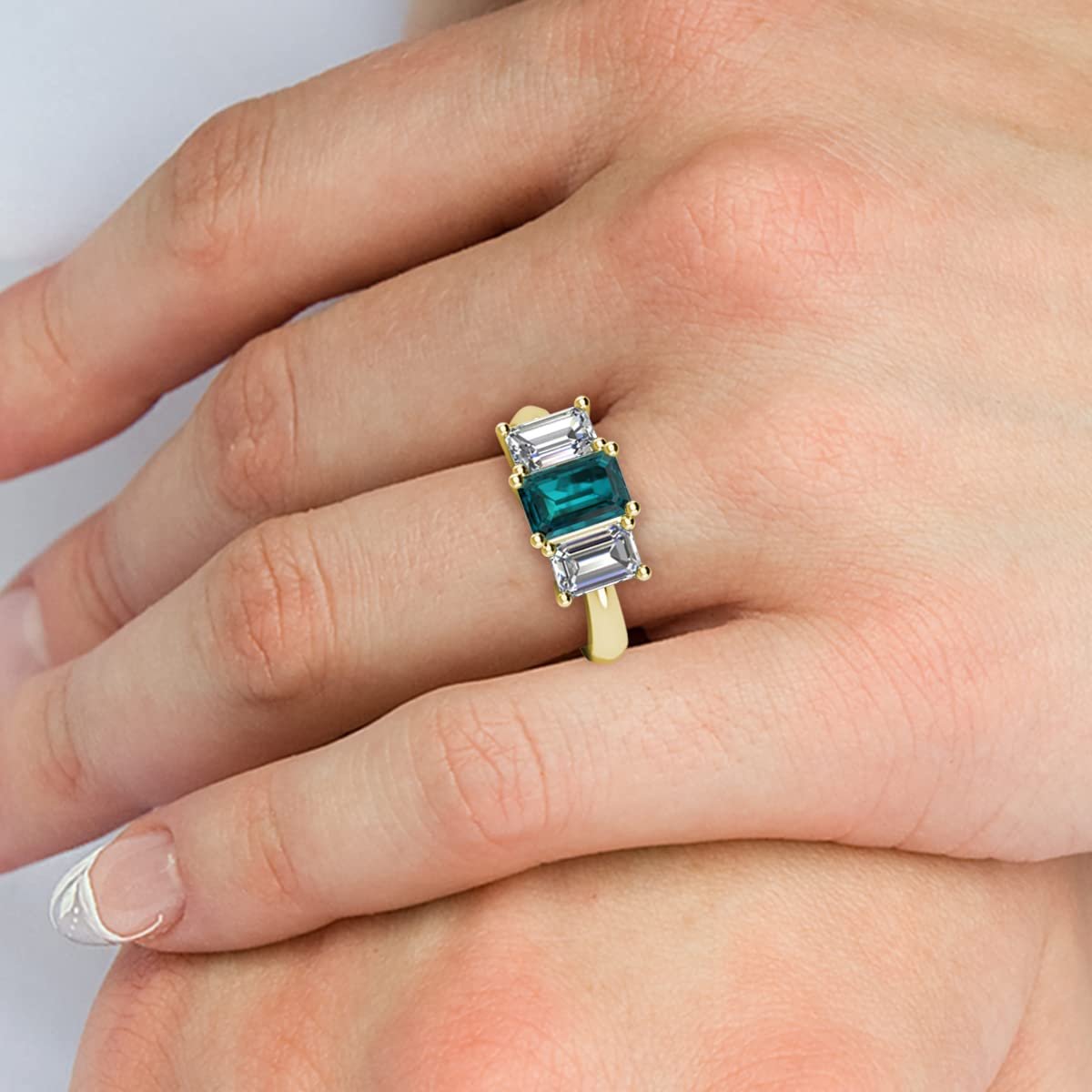 Emerald Cut 6x4 mm London Blue Topaz & Lab Grown Diamond 1 1/3 ctw 3 Stone Engagement Ring 14K Yellow Gold U96944