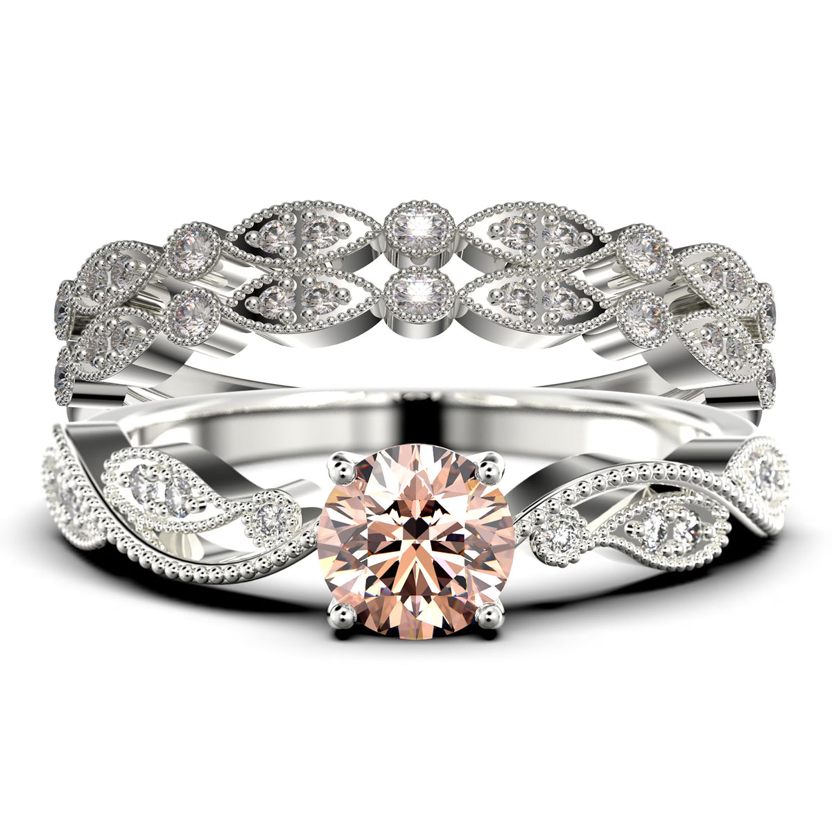 2.25 Carat Round Cut Morganite And Diamond Moissanite Engagement Ring in 925 Sterling Silver With 18k White Gold Plating G4593
