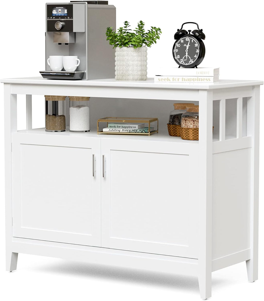 White Buffet Cabinet with Five-Position Adjustable Shelf and Pine Wood Legs, 45 x 20 x 36 inches I69364