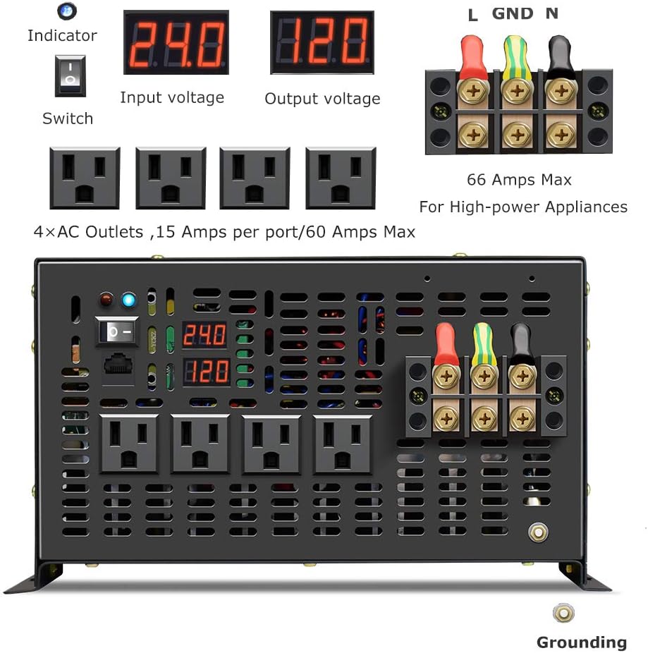 8000W Pure Sine Wave Power Inverter DC 24V to AC 120V with 4 AC Outlets Remote Control LED Display U6827