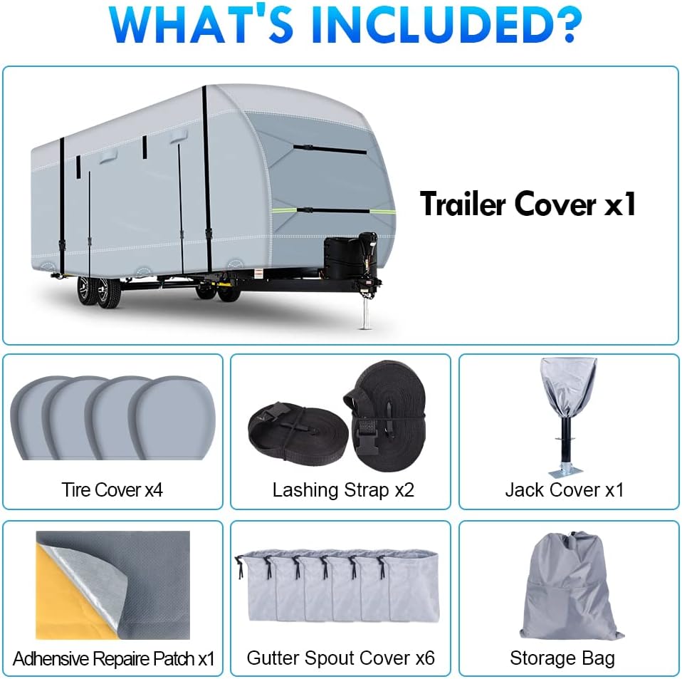 600D Ripstop RV Cover with 4 Tire Covers & Tongue Jack Cover & 6 Gutter Cover Q656