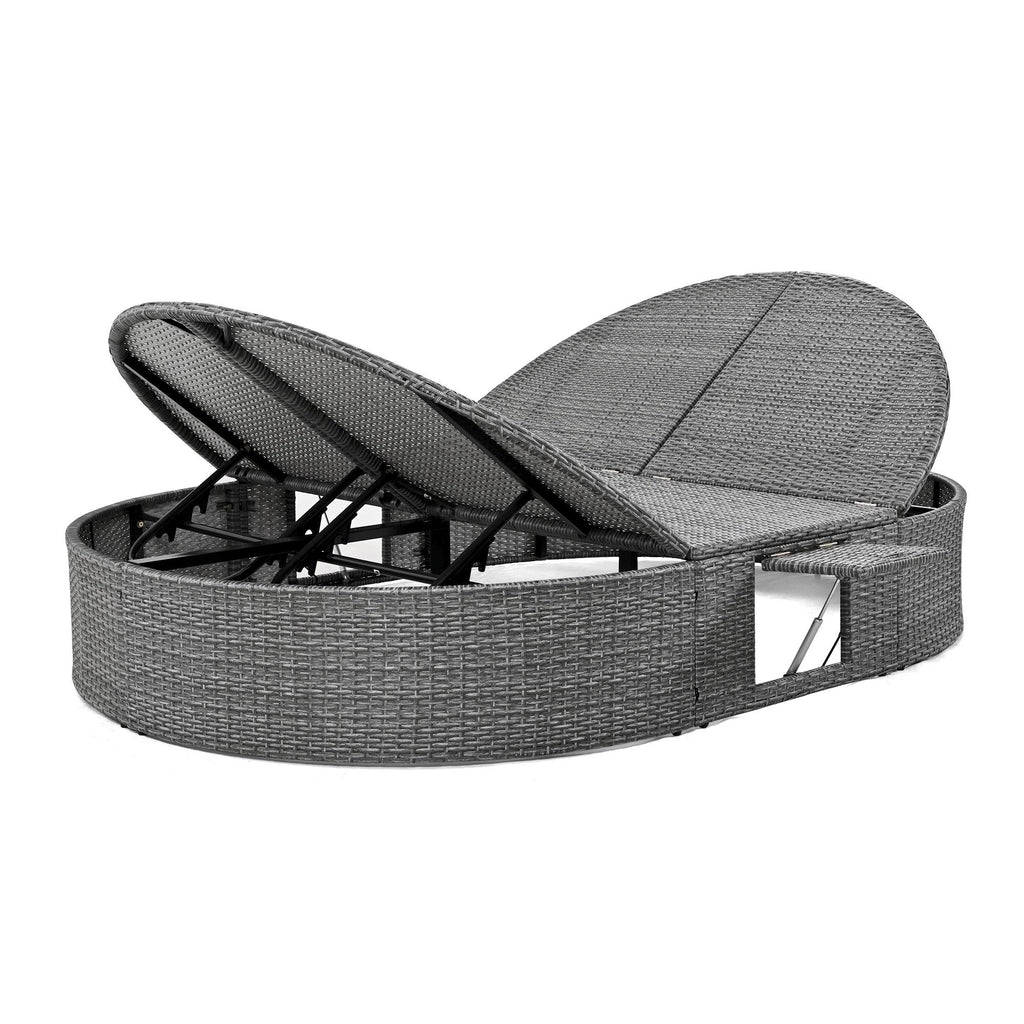 Beige Wicker Double Chaise Lounge with Adjustable Sofa and Foldable Cup Trays M47999