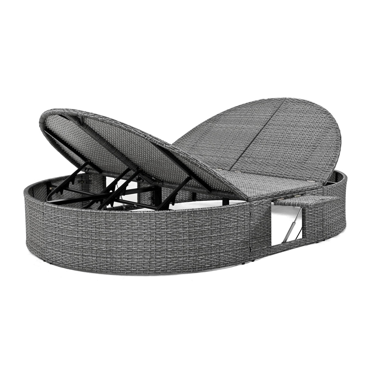 Beige Wicker Double Chaise Lounge with Adjustable Sofa and Foldable Cup Trays M47999
