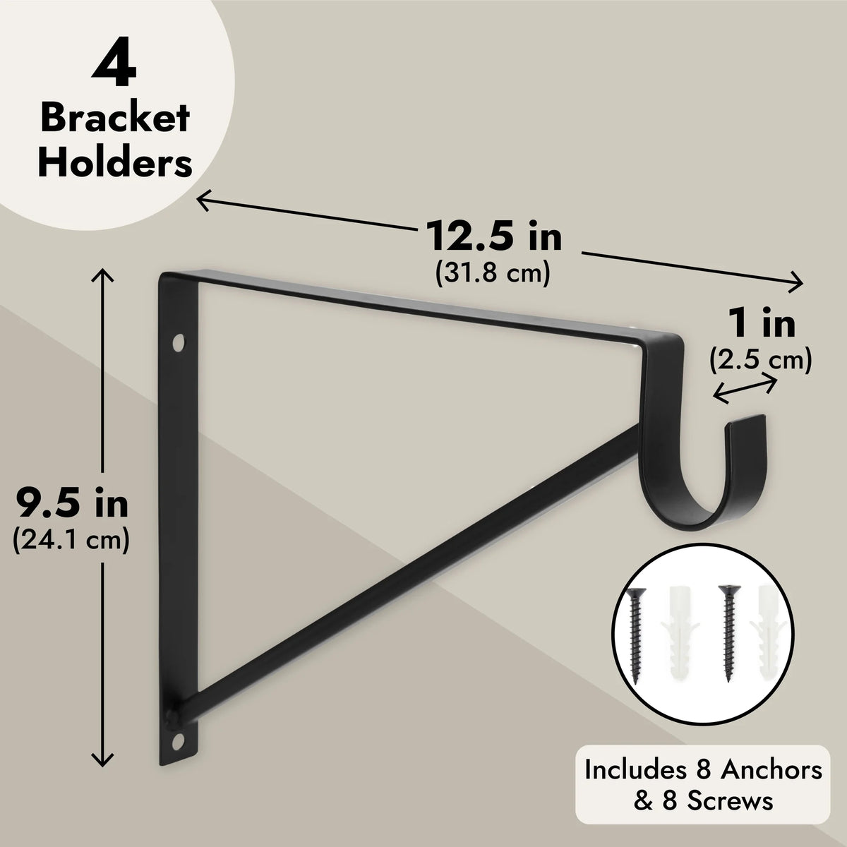 4 Pack Metal Closet Hanging Shelf Rod Bracket Holder and Support, Heavy Duty Bar for Shelving (Black, 12.5 x 1 x 9.5 in) Y8653