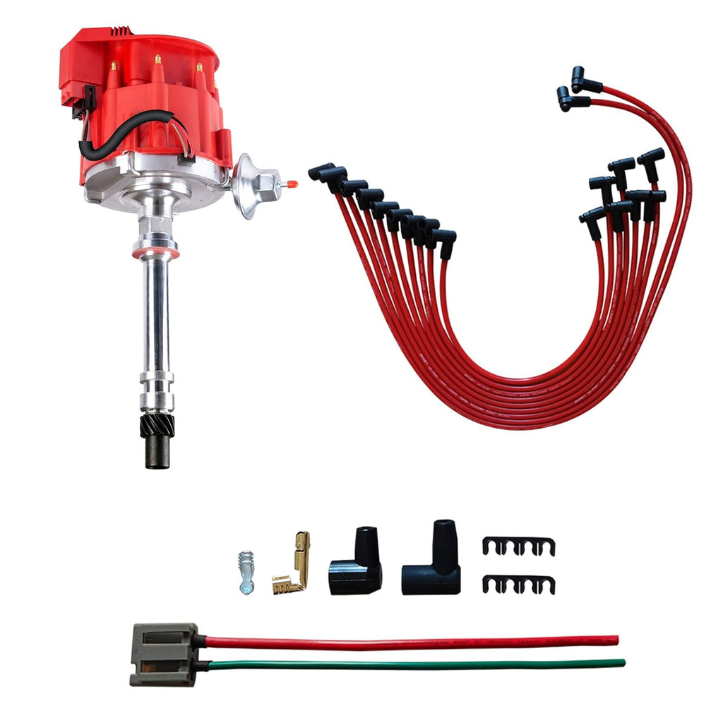 Red Cap HEI Distributor and Spark Plug Wires Combo Kit for Chevy 350 V8 K2250