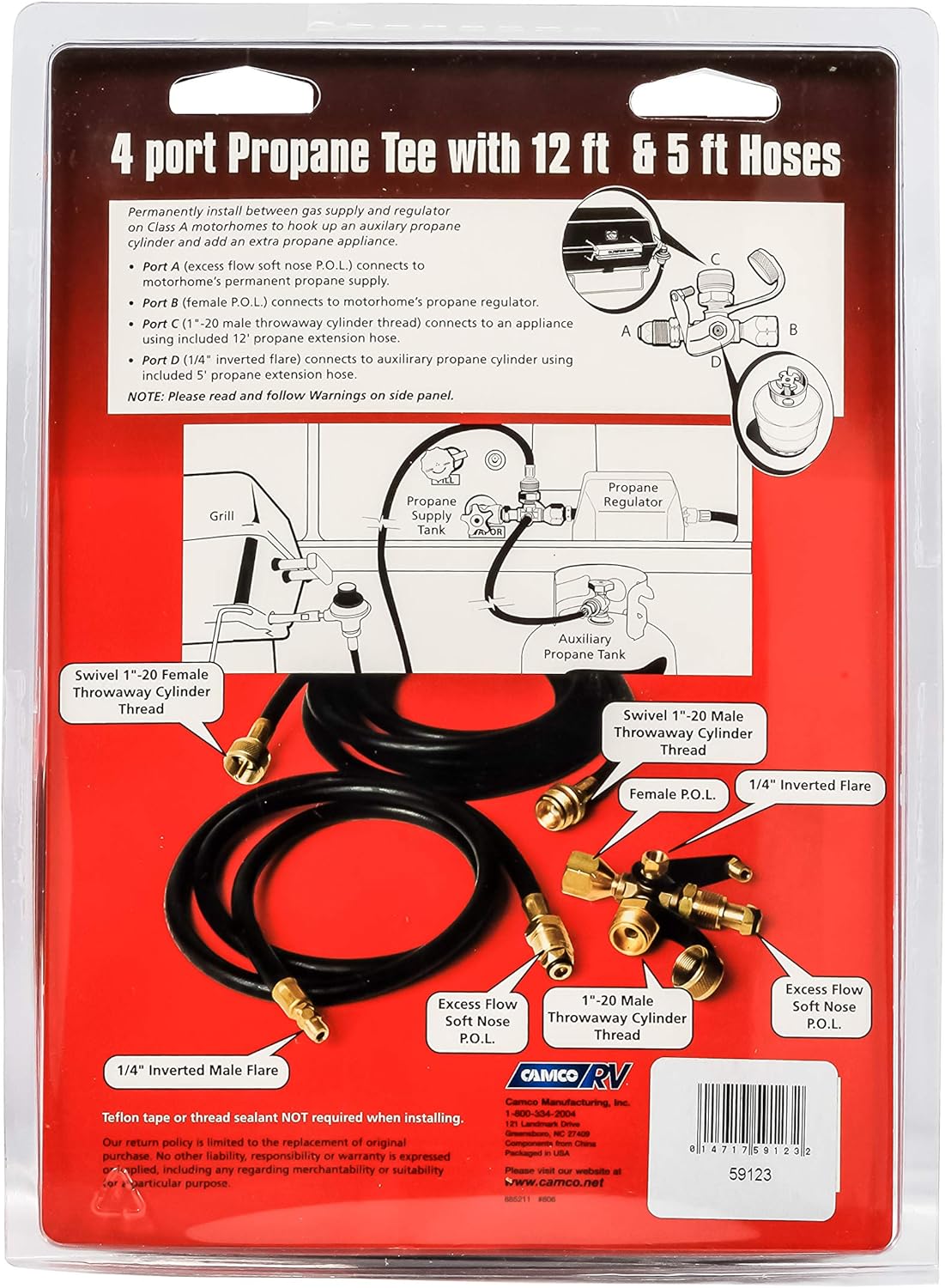 Camco Propane Brass 4 Port Tee with 5ft and 12ft Hoses F44236