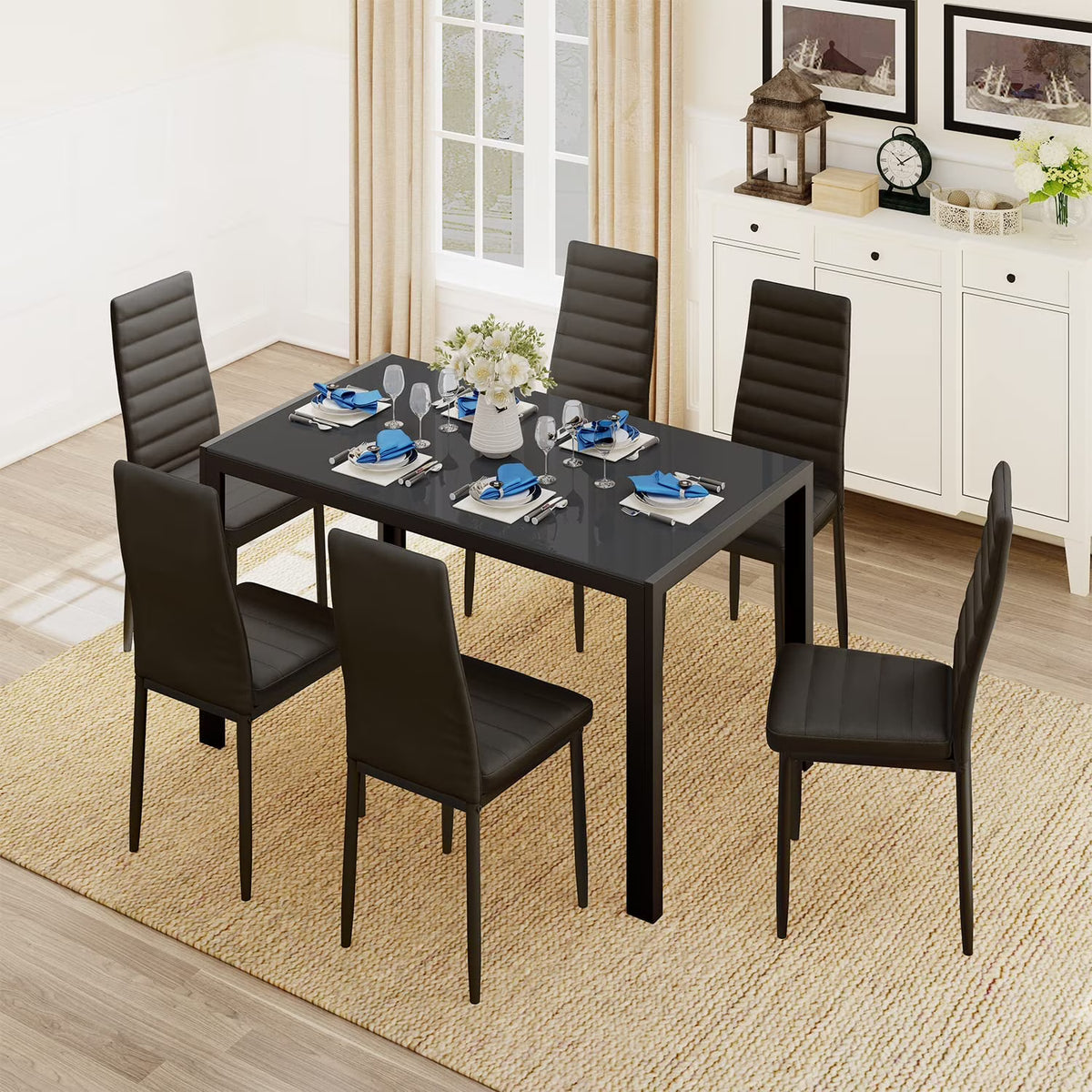 Black PU Leather Dining Table Set with 6 Chairs D115076