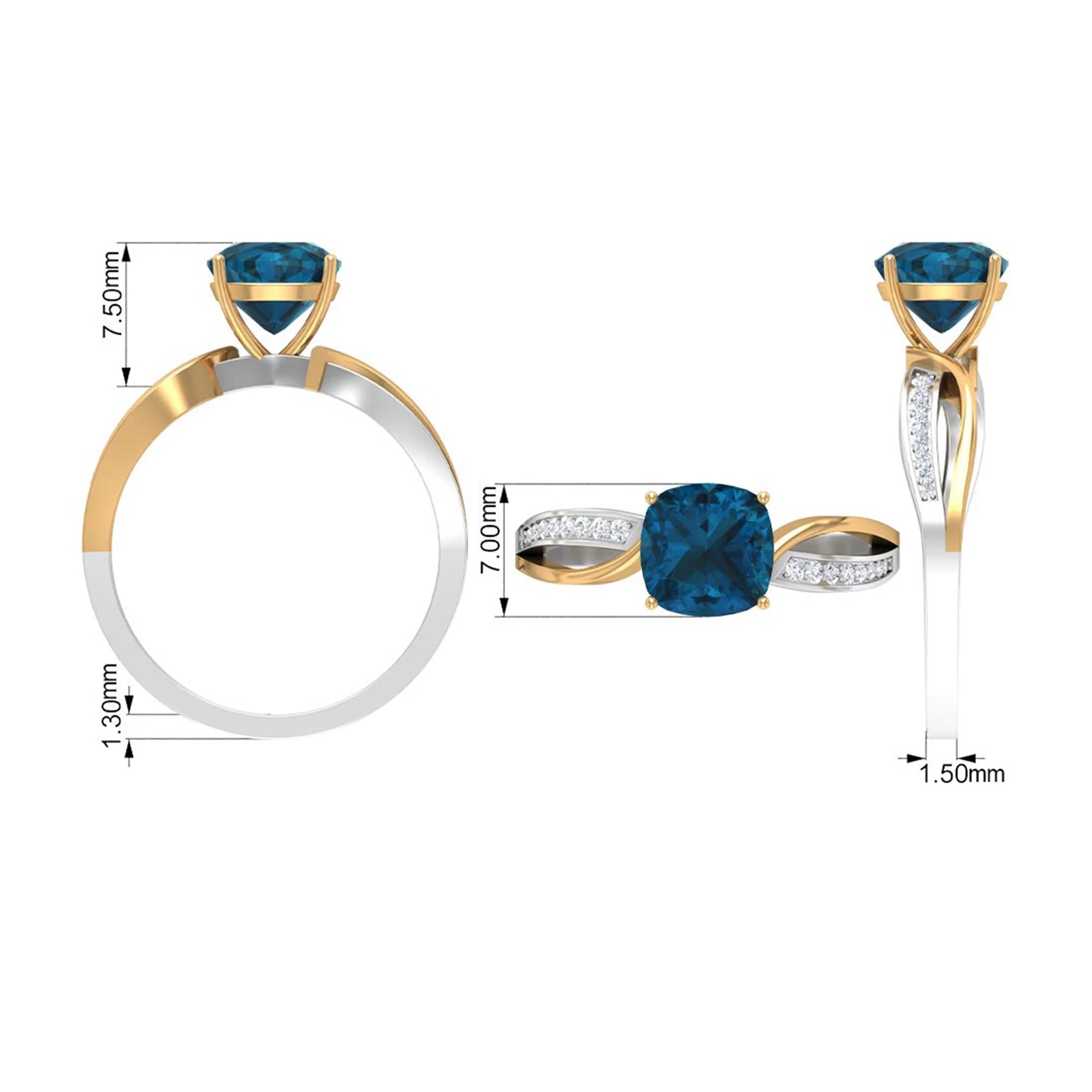 1.50 CT Cushion Cut London Blue Topaz Solitaire and Diamond Ring, 925 Sterling Silver, US 4.00 U1654