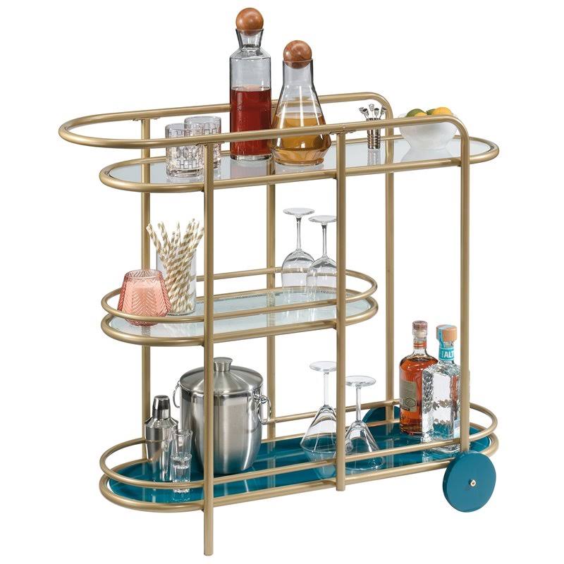 Modern 3-Shelf Glass and Metal Bar Cart in Satin Gold Y171