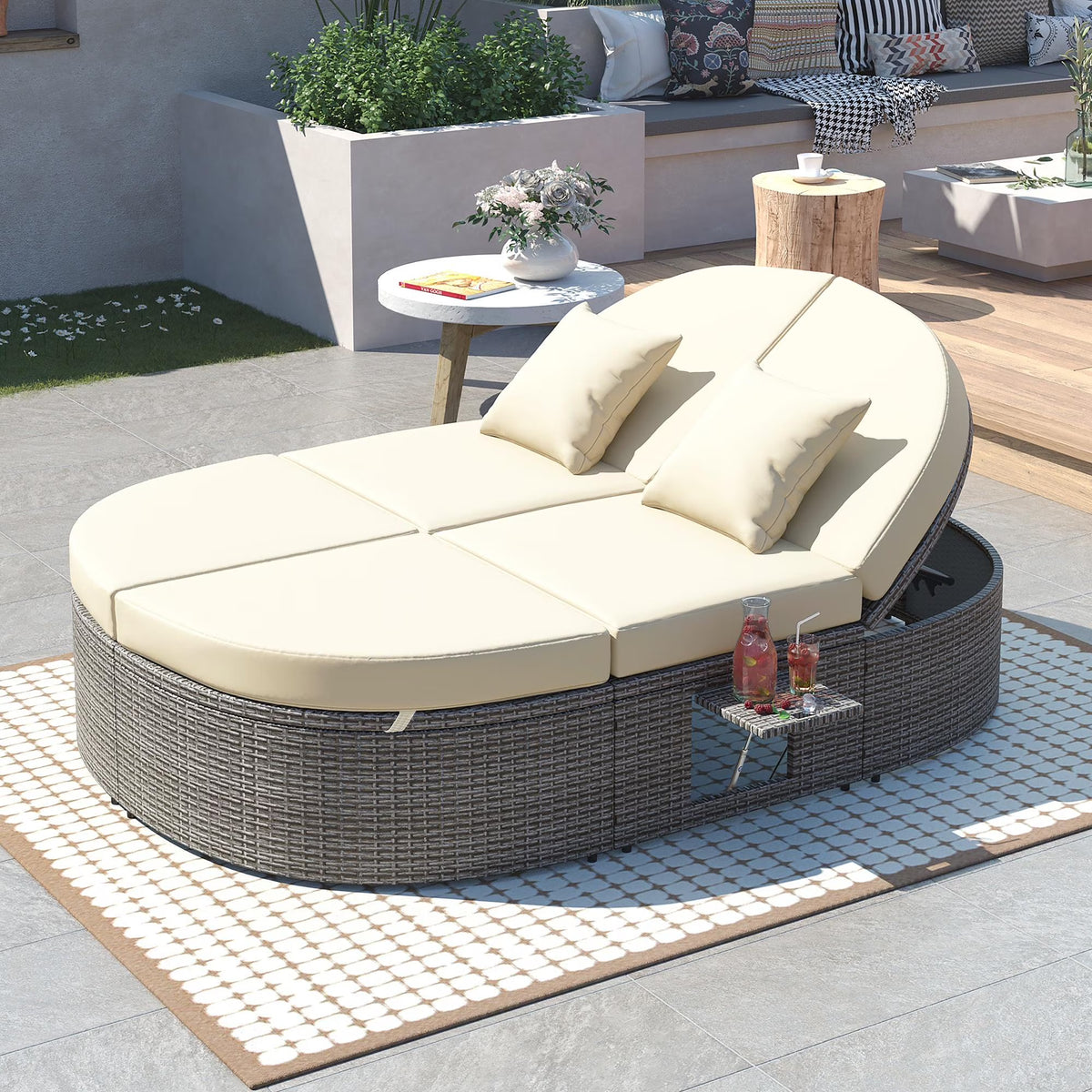 Beige Wicker Double Chaise Lounge with Adjustable Sofa and Foldable Cup Trays M47999