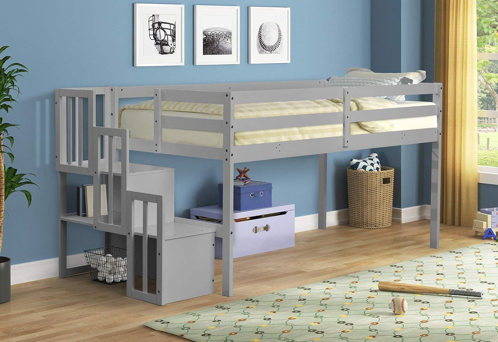 White Twin Size Solid Wood Loft Bed with Stair Case Storage Shelf G32765