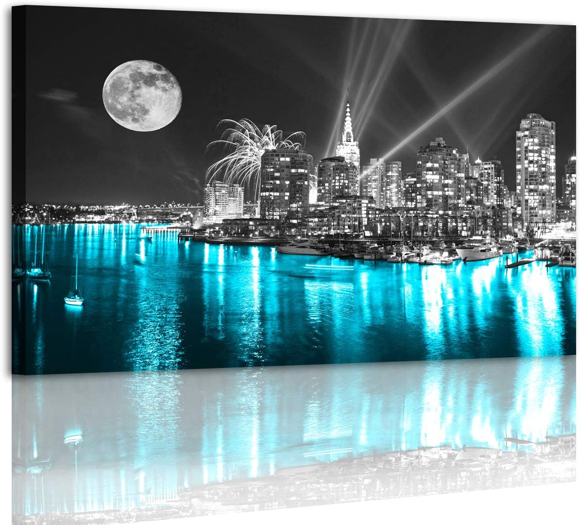 Moon Painting Wall Art Canvas Prints Cityscape Poster Lighted New York City Skyline Pictures Wooden Framed Artwork 20x40 Inches E5668
