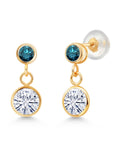 14k Yellow Gold Moissanite and Blue Diamond Two Stone Dangle Stud Earrings E3470
