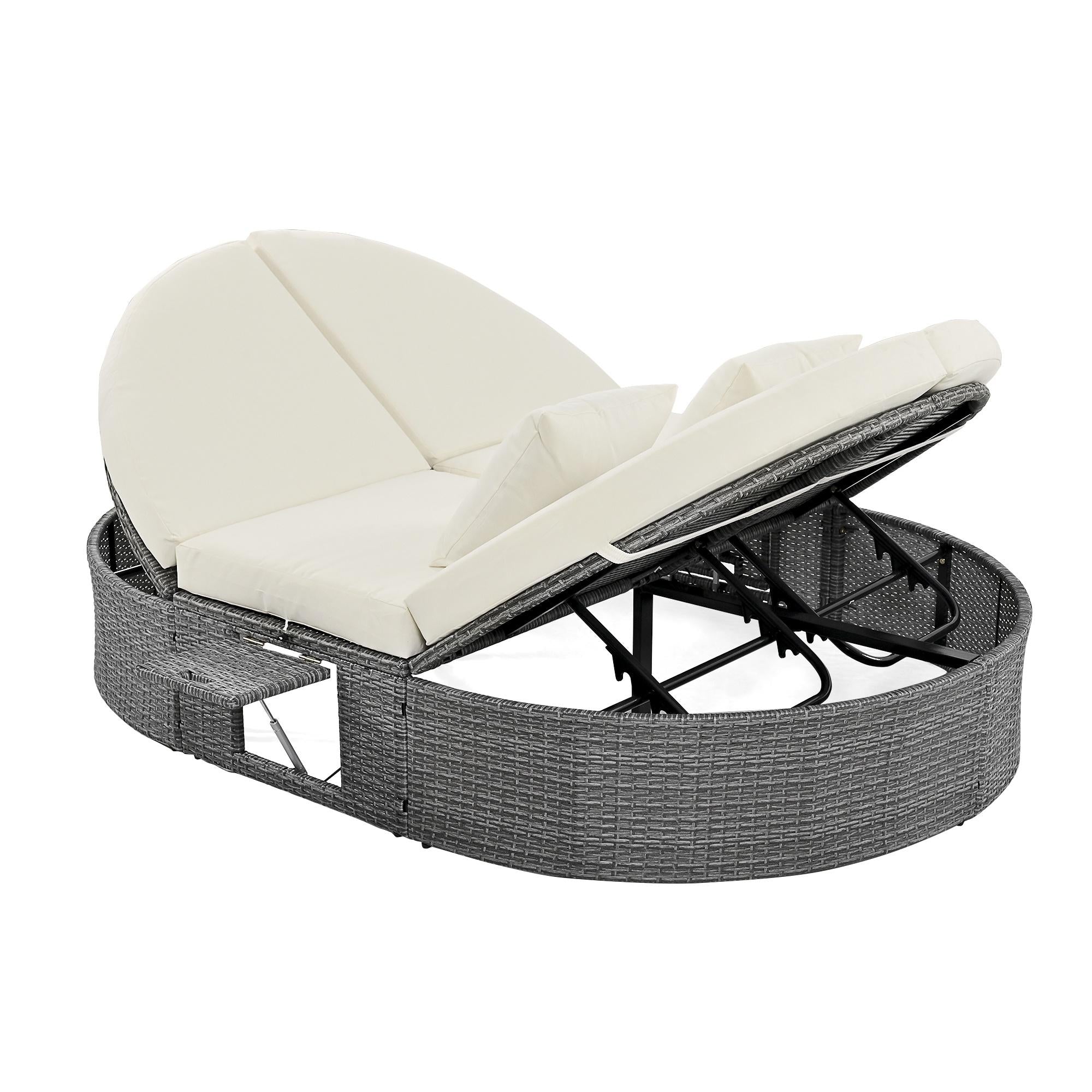Beige Wicker Double Chaise Lounge with Adjustable Sofa and Foldable Cup Trays M47999
