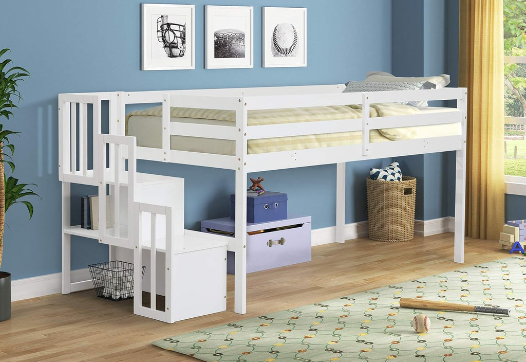 White Twin Size Solid Wood Loft Bed with Stair Case Storage Shelf G32765