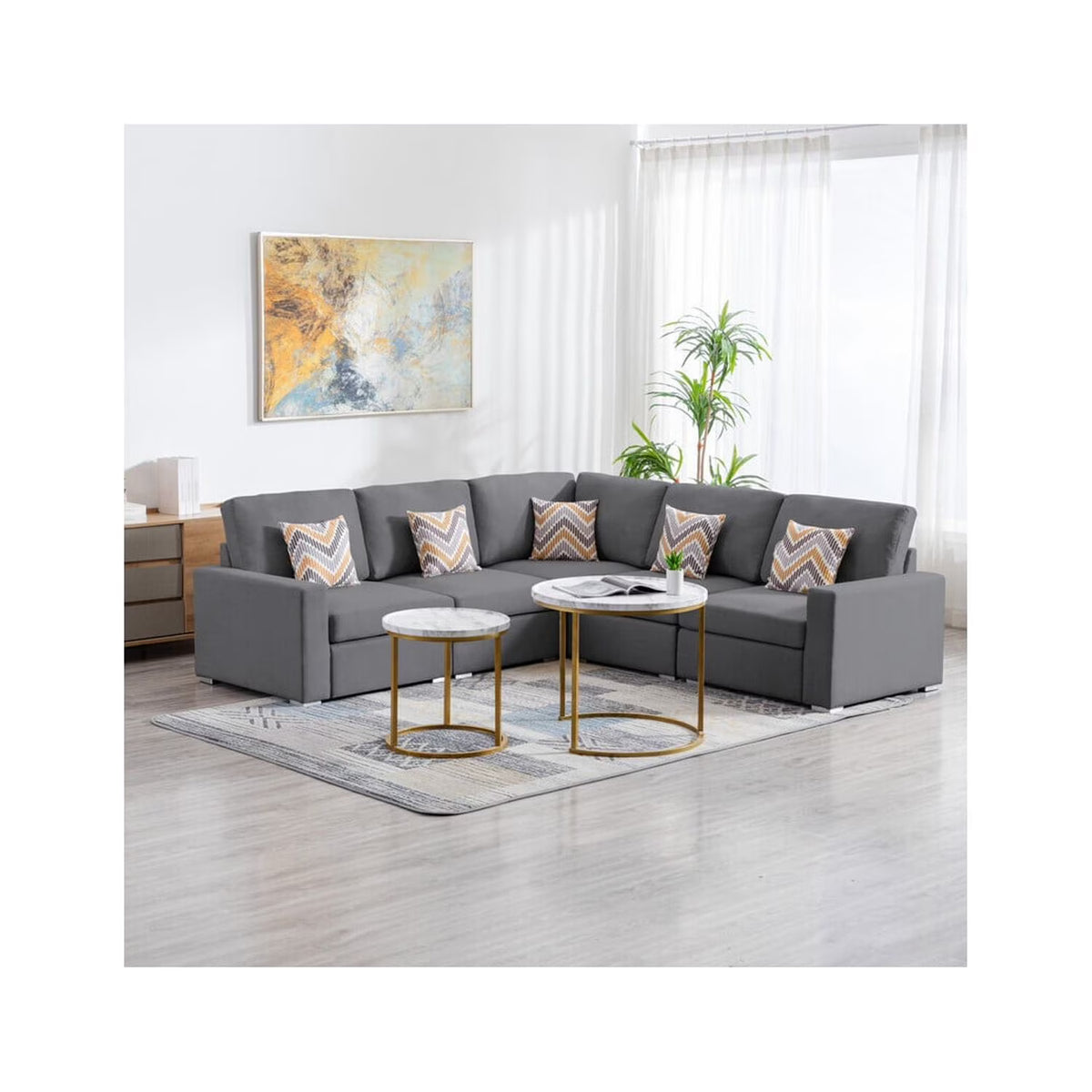 Tuscan Temptations Linen Fabric 5Pc Reversible Sectional Sofa with Pillows and Interchangeable Legs O56370