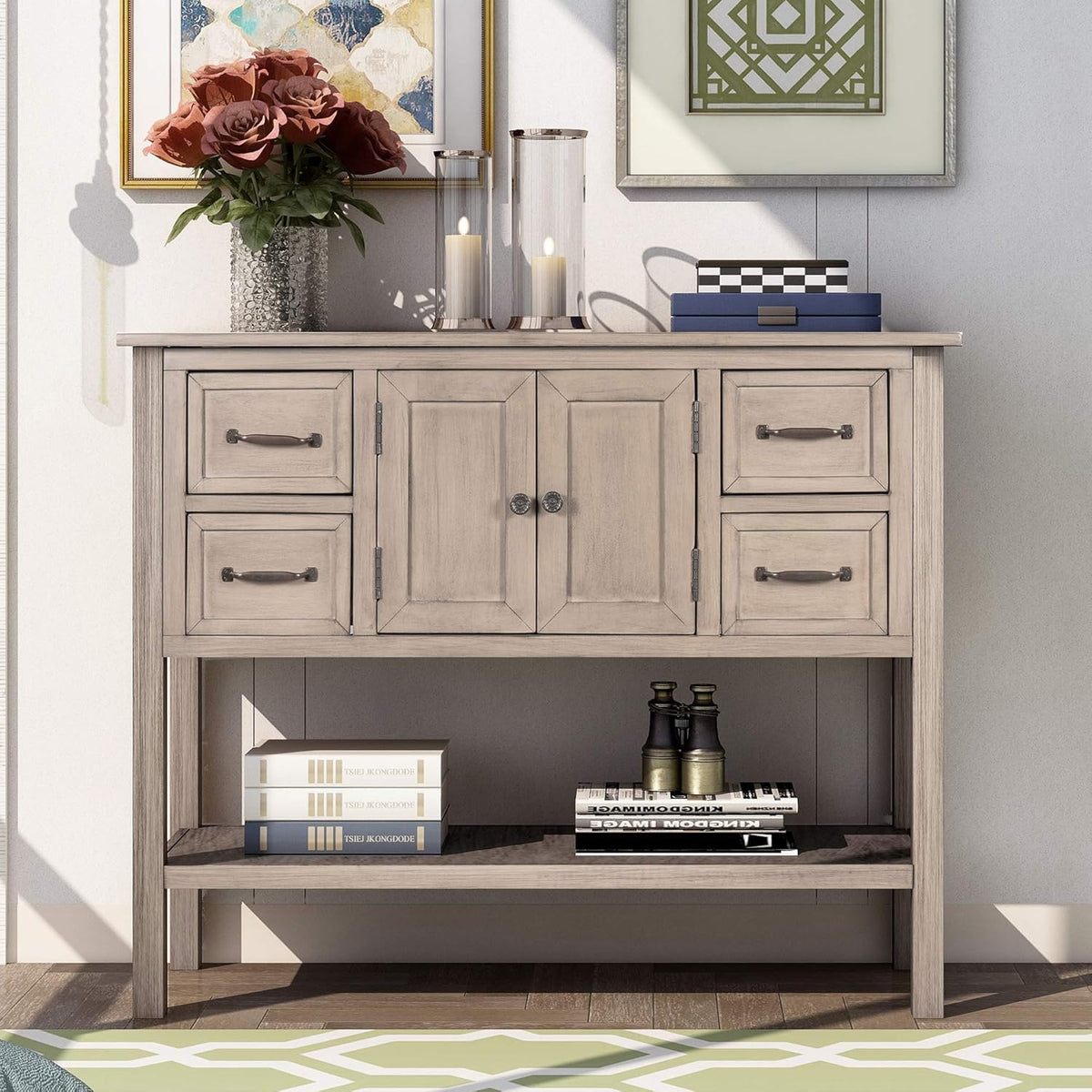 Solid Wood Console Table with 2 Drawers and 1 Cabinet Q483856