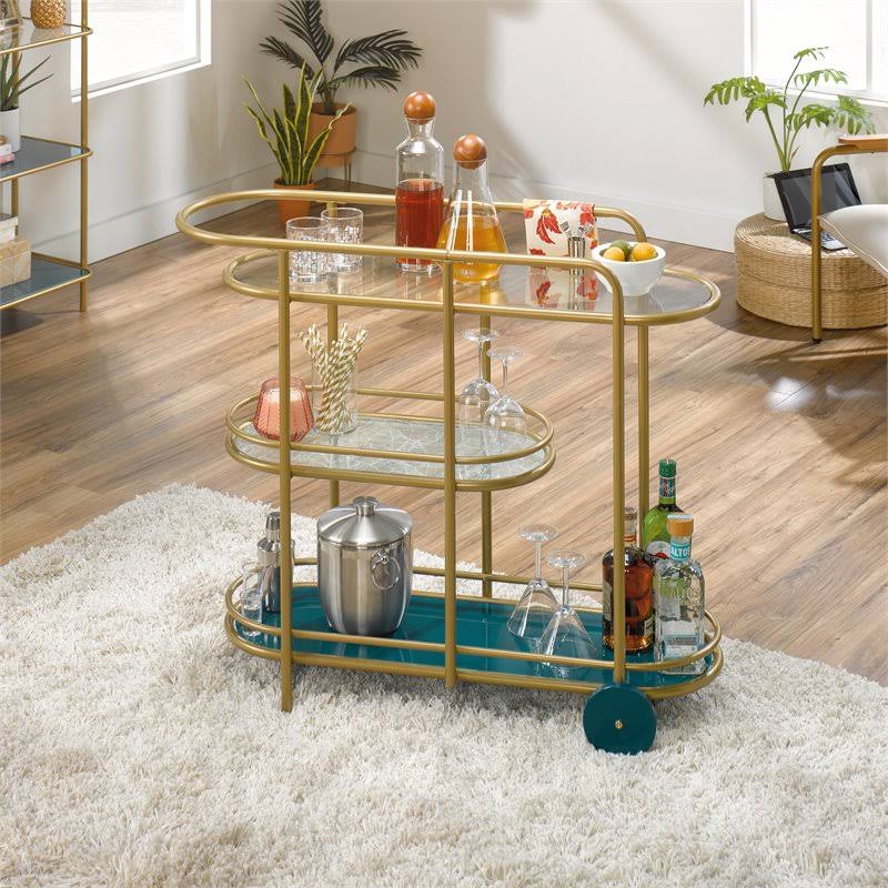 Modern 3-Shelf Glass and Metal Bar Cart in Satin Gold Y171