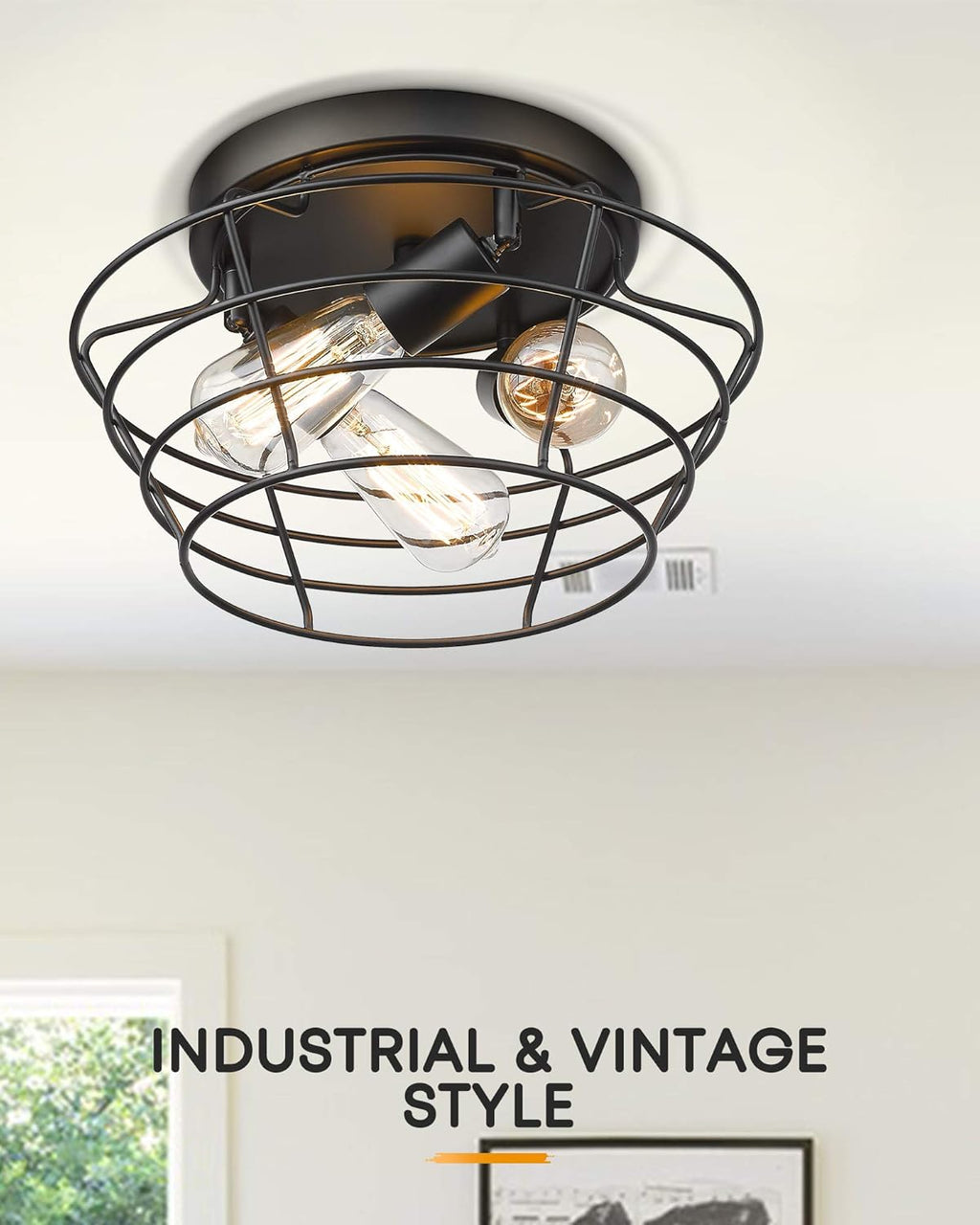 Vintage Black Metal Cage Ceiling Light Fixture O37570