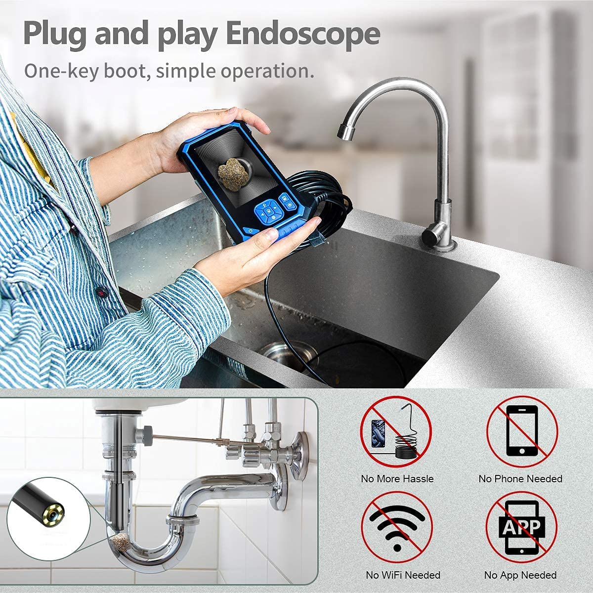 Industrial Endoscope with 32GB Card, IP67 Waterproof, 16.5FT Semi-Rigid Cable T748