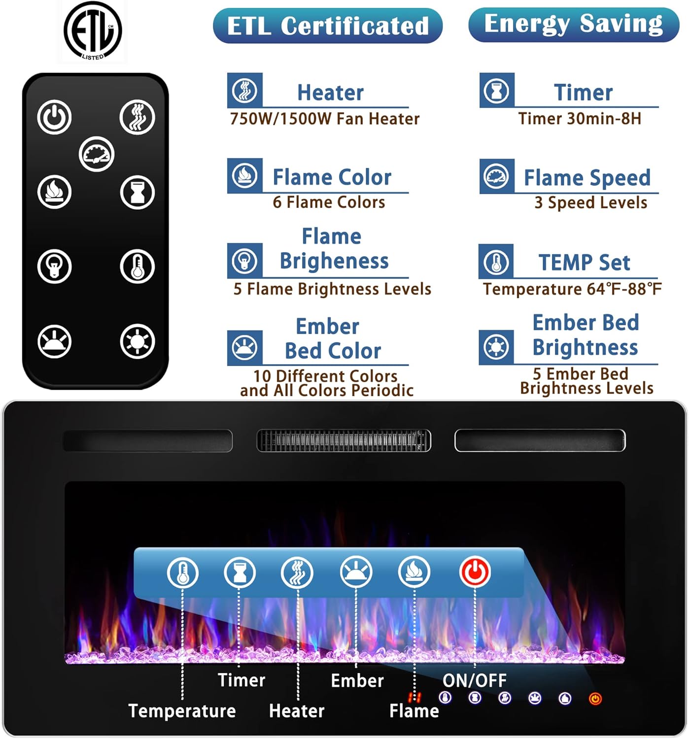 42" Electric Fireplace Recessed and Wall Mounted Heater with Remote Control Q224904