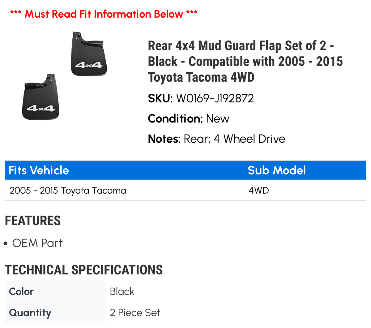 Black Mud Guard Flap Set of 2 T4526