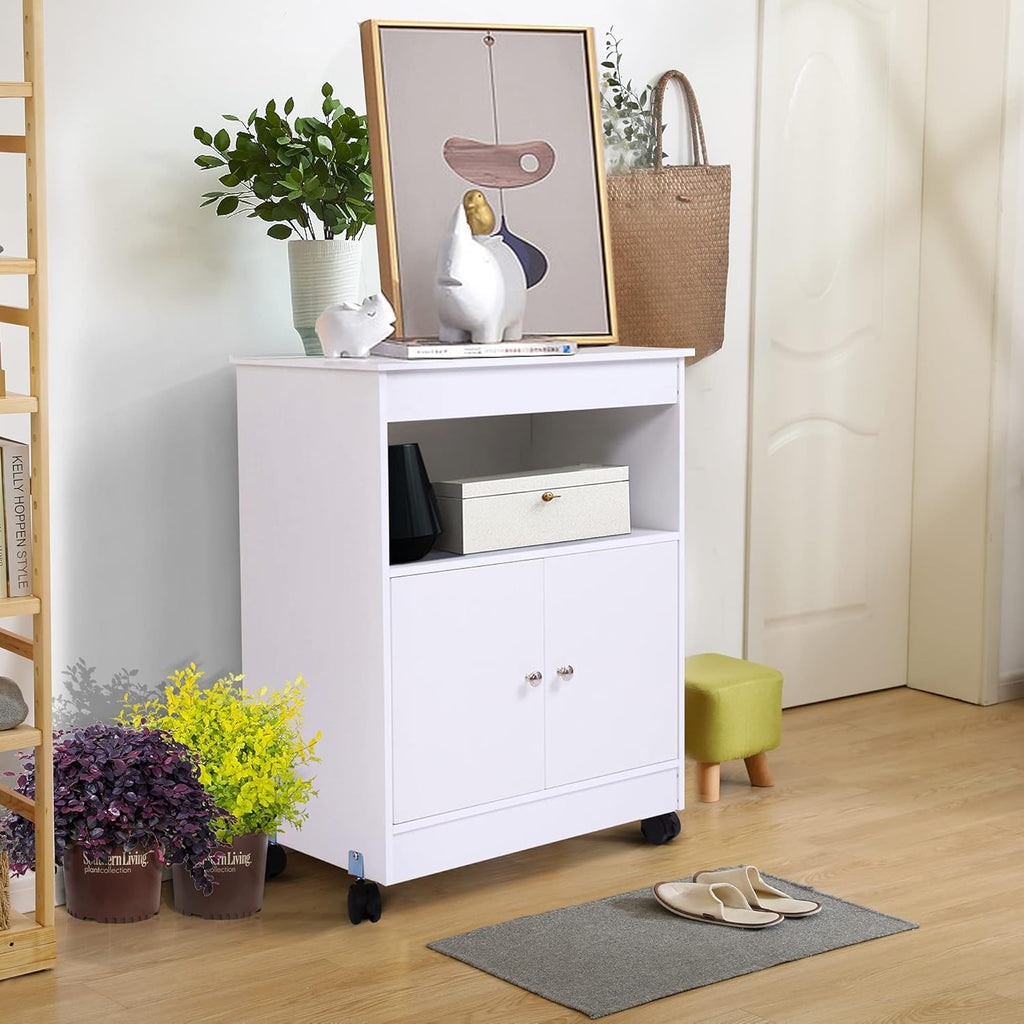 White Microwave Cabinet Cart with Storage R9753