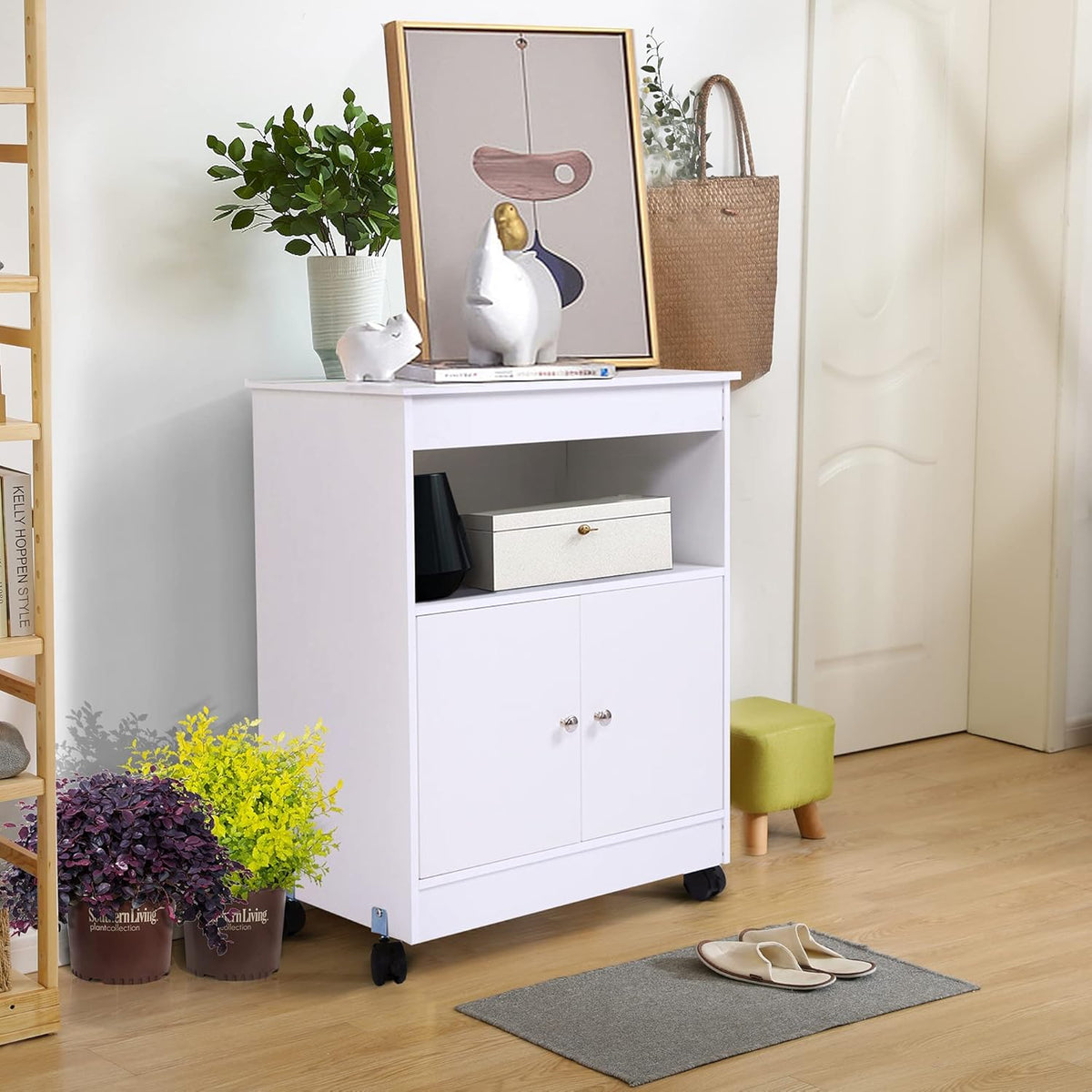 White Microwave Cabinet Cart with Storage R9753