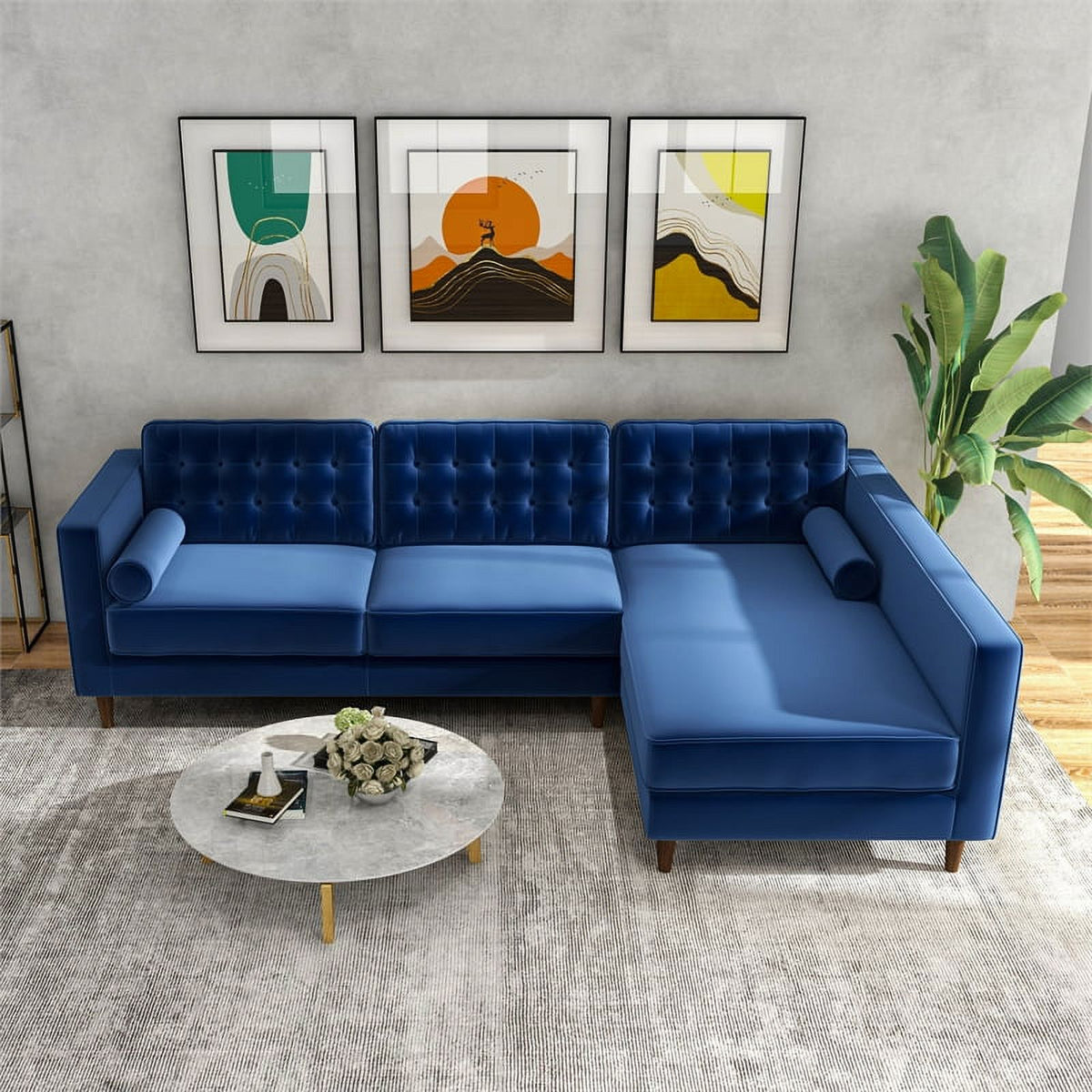 Navy Blue Velvet Corner Sectional Couch C5599