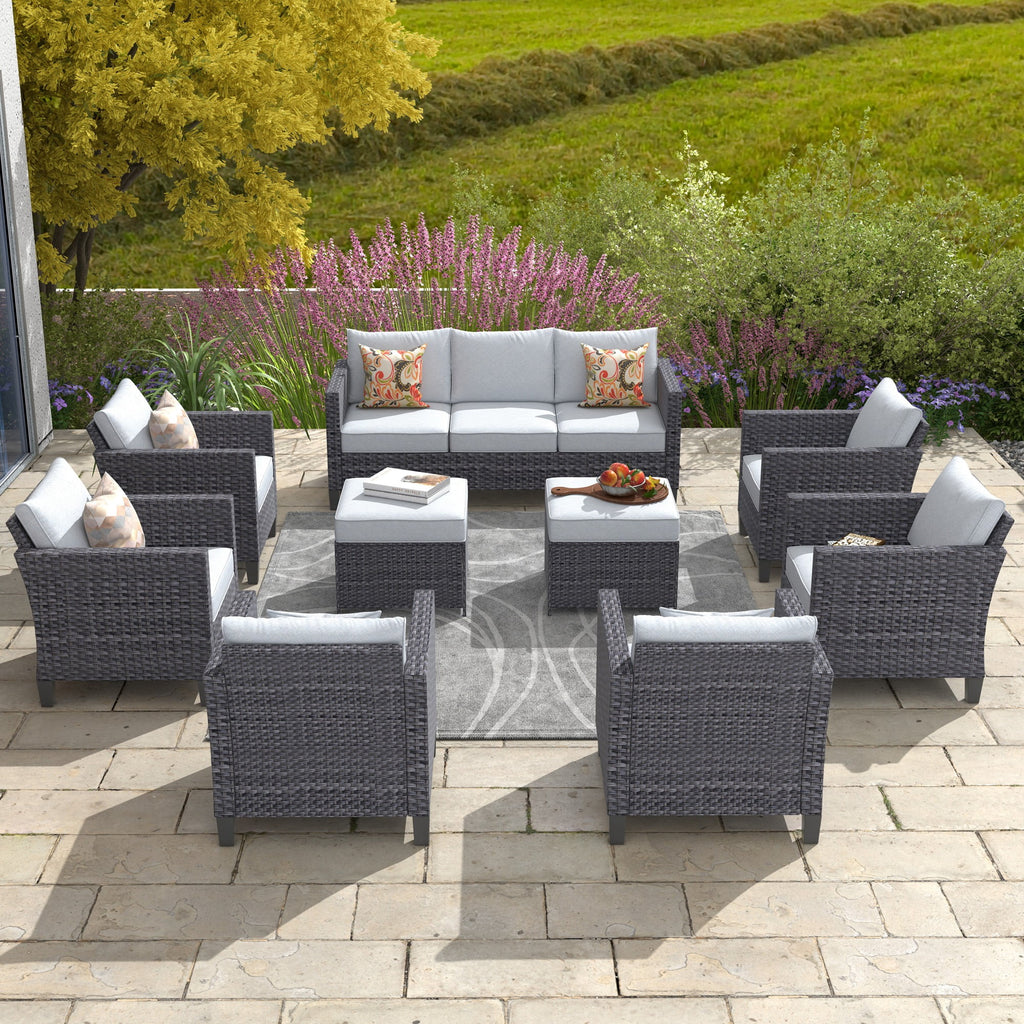 9 Piece Gray Wicker Patio Conversation Chair Set with Cushions A696