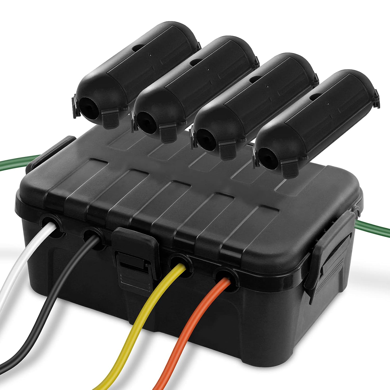IP54 Extra Large Outdoor Waterproof Box with 6 Cable Seal Entry, Bundle with 4 Small Weatherproof Extension Cord Safety Cover, Black F5471