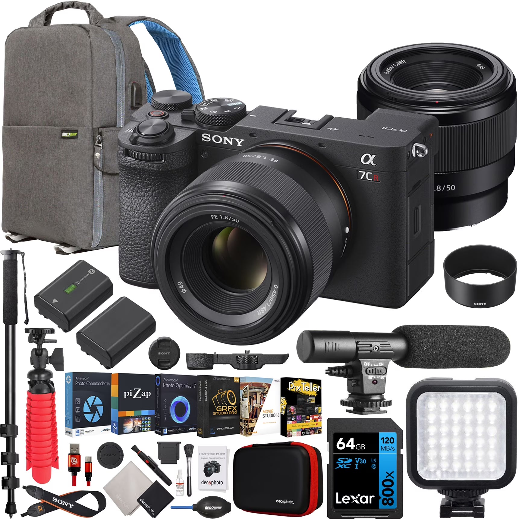 Sony a7CR Full Frame Mirrorless Camera Body + 50mm F1.8 Lens Black Bundle with Photography Backpack + Extra Battery + Microphone + LED + Monopod & Accessories Kit V343528