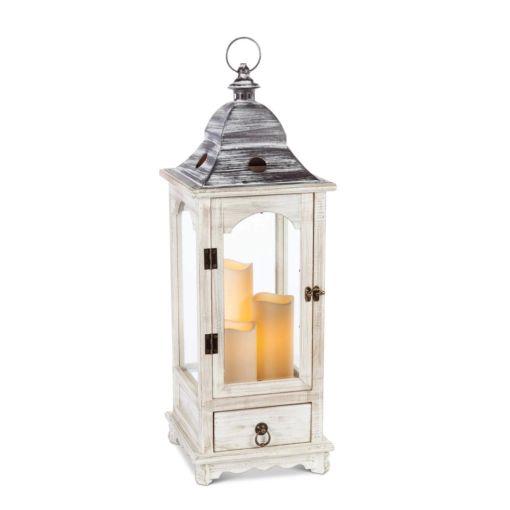 Faded White Wood Lantern with Metal Top & Glass Windows Y2106