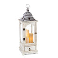 Faded White Wood Lantern with Metal Top & Glass Windows Y2106