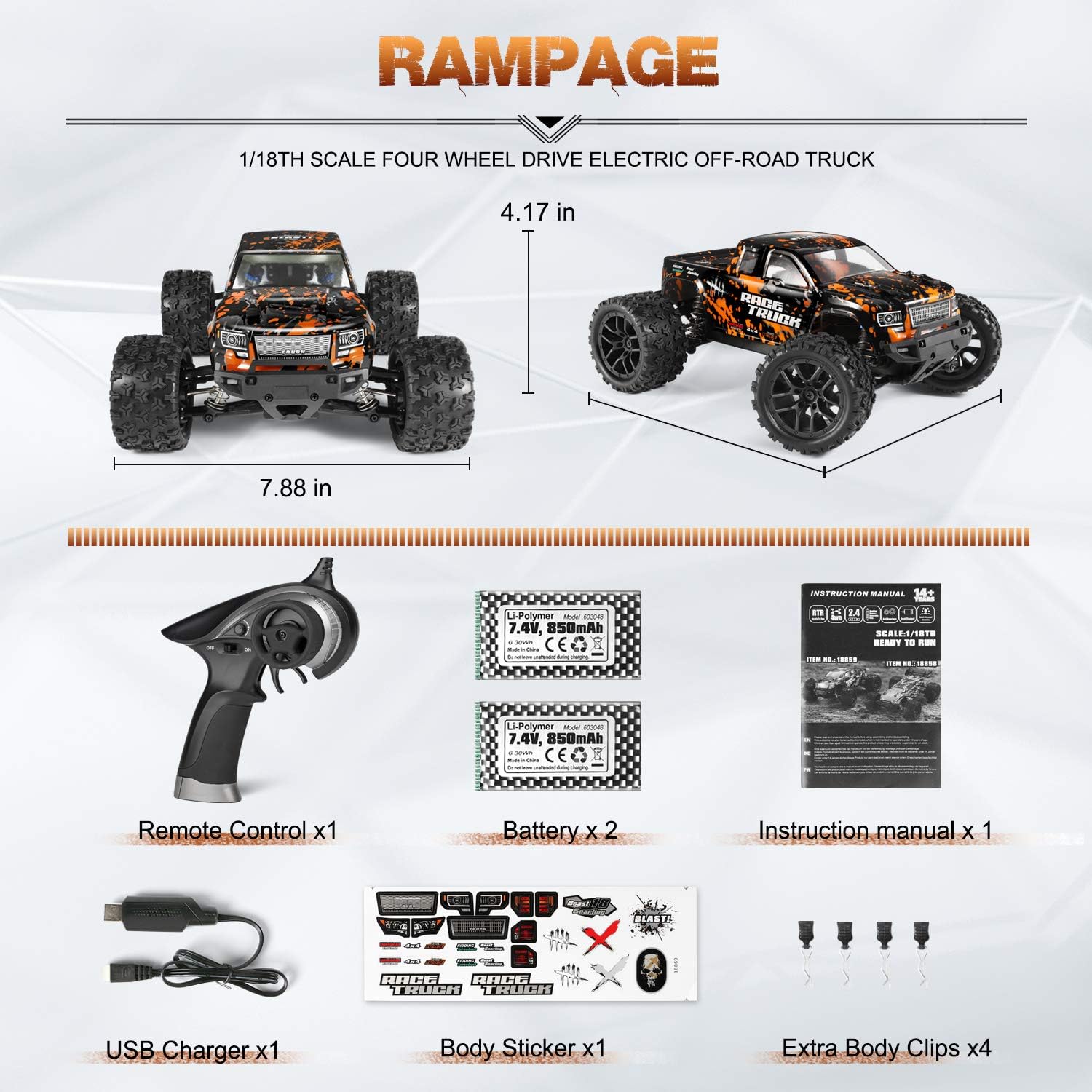 1:18 Scale 4X4 RC Monster Truck with 2 Batteries W175860