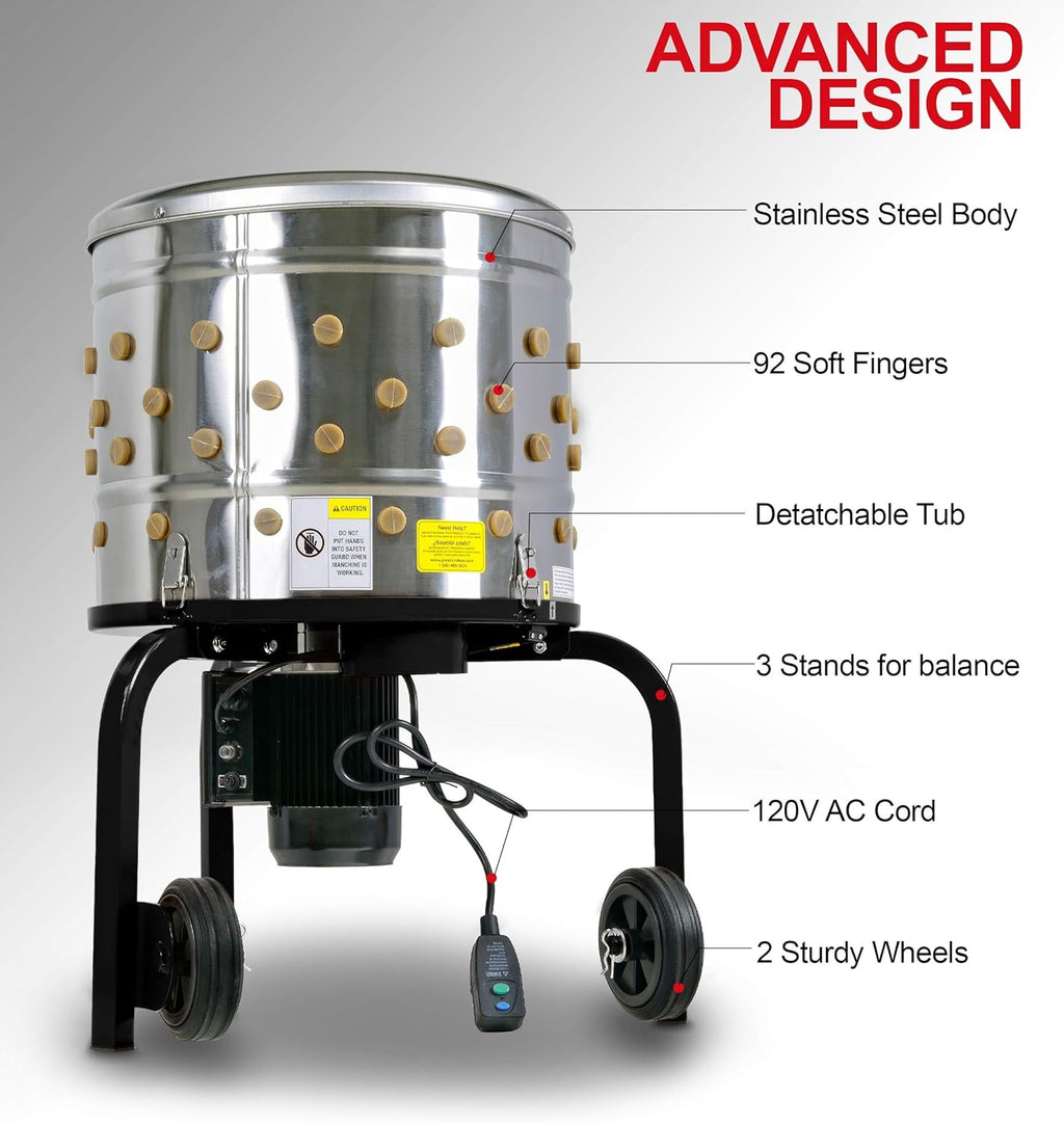 Chicken Plucker Electric Stainless Steel 1HP 120VAC 280RPM 92 Soft Fingers 20" Drum Diameter L47642