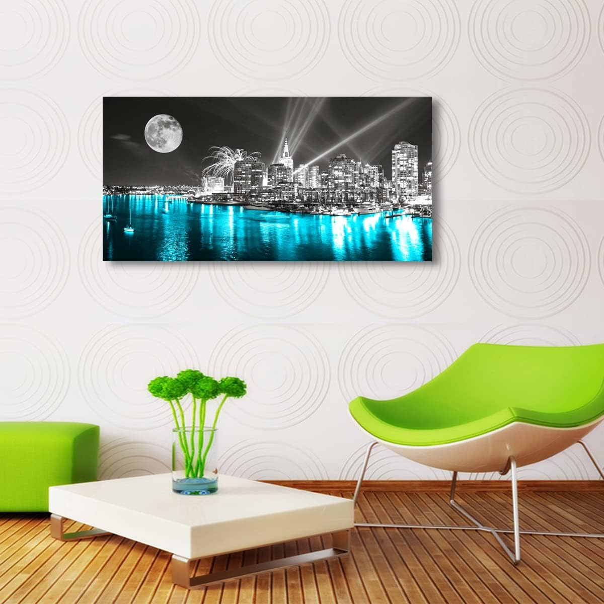 Moon Painting Wall Art Canvas Prints Cityscape Poster Lighted New York City Skyline Pictures Wooden Framed Artwork 20x40 Inches E5668