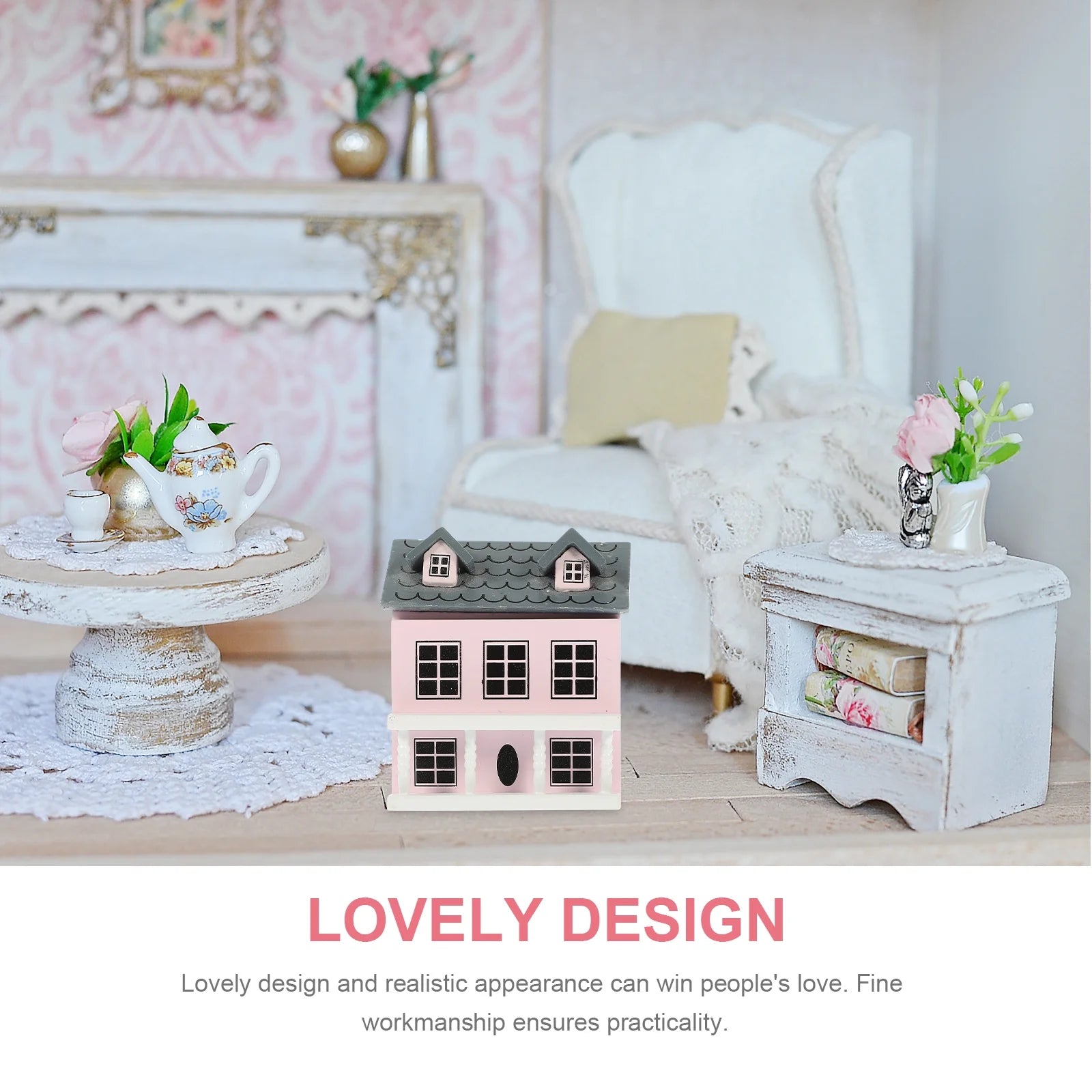 2 Pack Doll House Mini Furniture Pink Villa Ornament Tiny Decor Miniatures Hut Figurine Model I308263