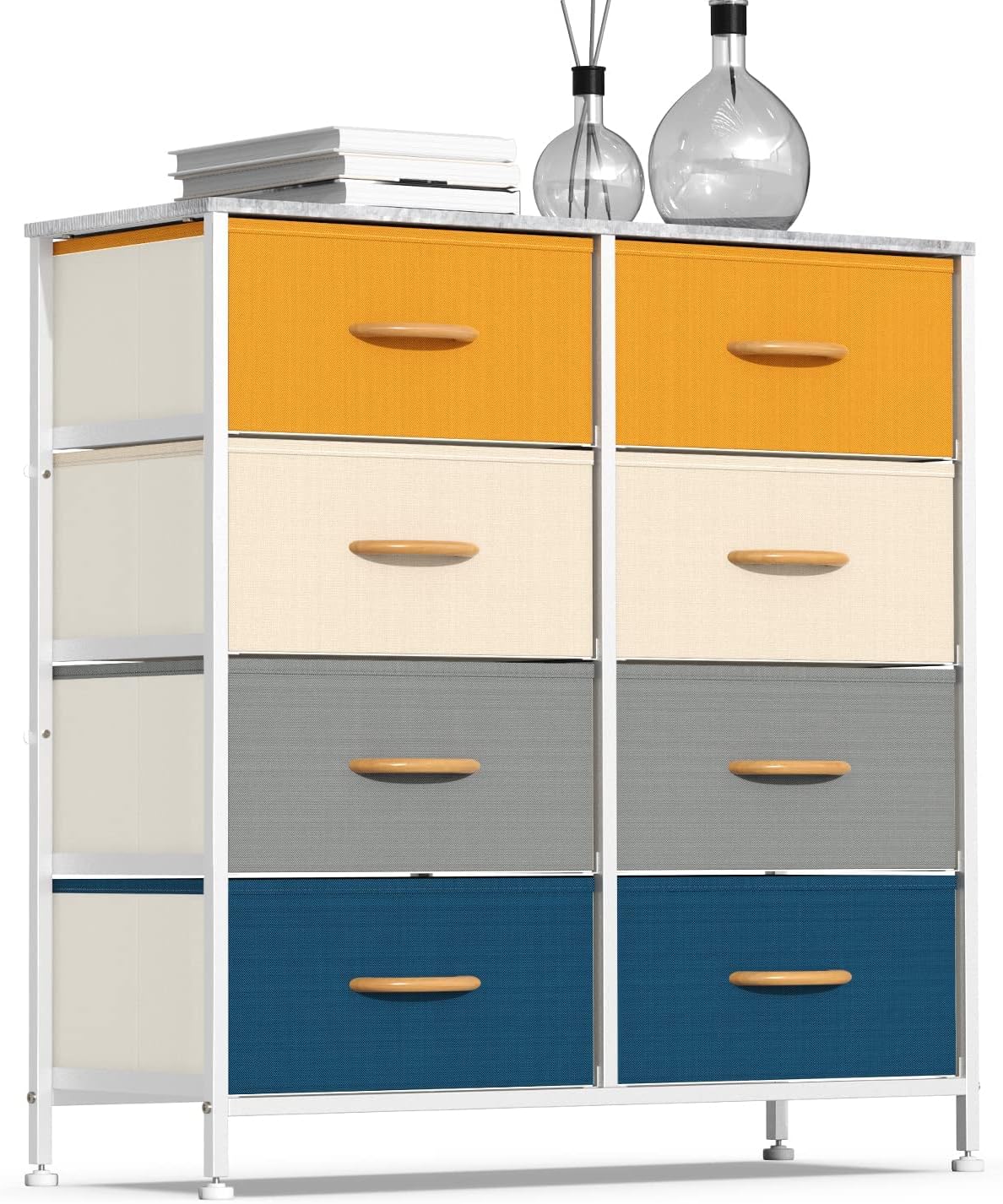 Vertical Dresser Storage Tower, Steel Frame, Wood Top, Fabric Bins, 8 Drawers, Dark Indigo M737