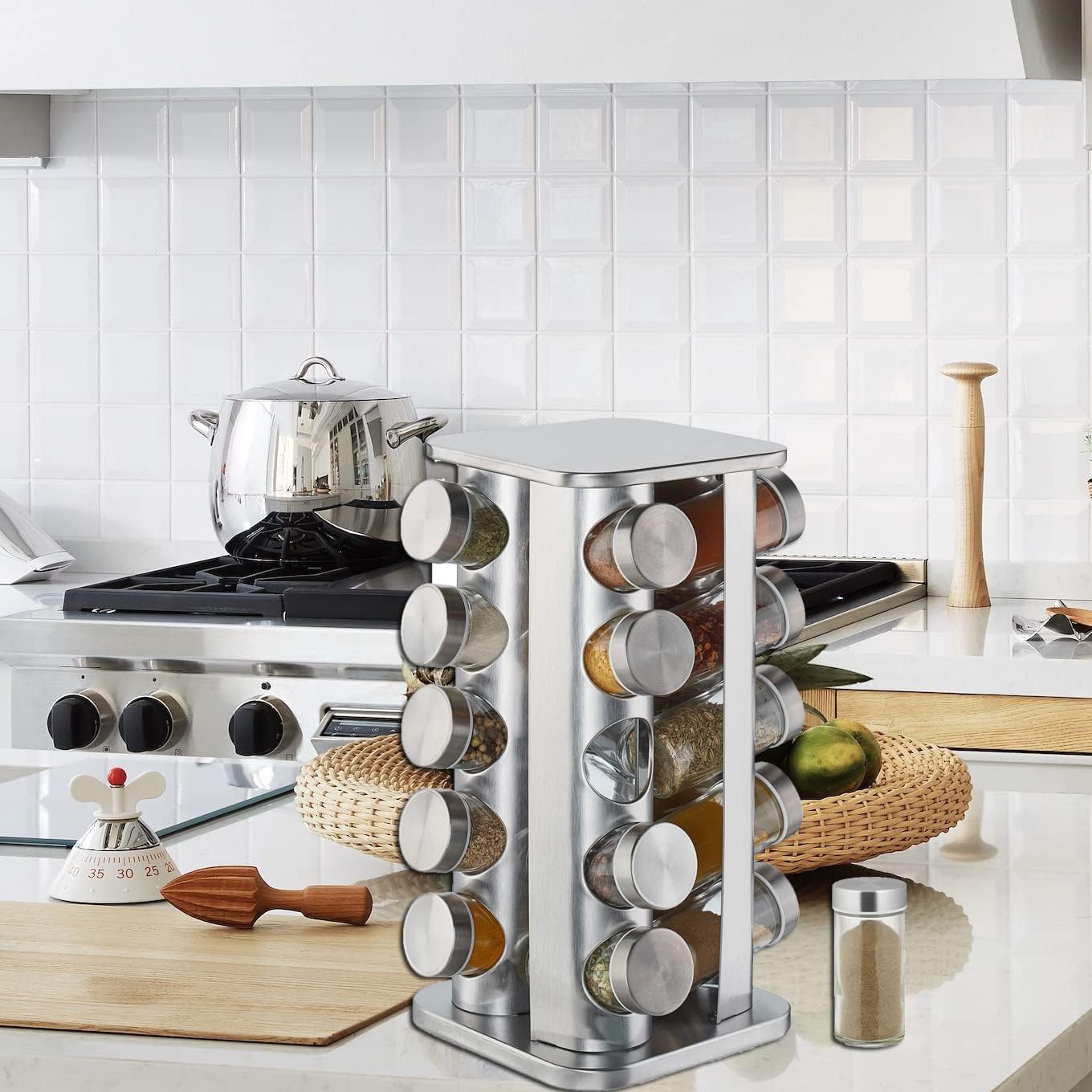 Rotating 20 Jar Spice Rack Organizer with Reusable Labels R718