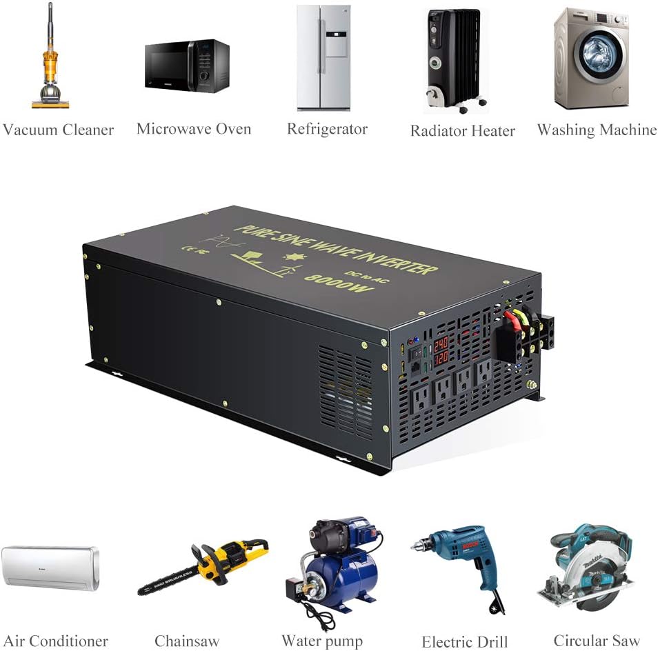 8000W Pure Sine Wave Power Inverter DC 24V to AC 120V with 4 AC Outlets Remote Control LED Display U6827